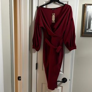 Boohoo never worn off shoulder berry midi wrap dress